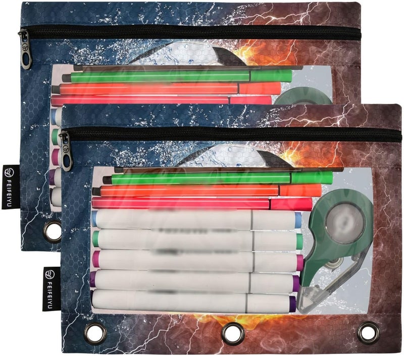 BOENLE Soccer Ball Football Fire Water Pencil Pouch for 3 Ring Binder, 2 Pack Waterproof Pencil Bags Clear Window Pencil Case Zipper School Office Supplies - Image 2